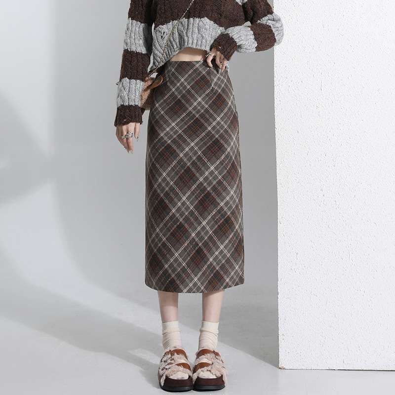 チェックスカート レトロチェックロング丈スカート