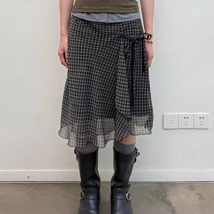 チェックスカート リボン付き二重シフォン格子柄 プリーツスカート