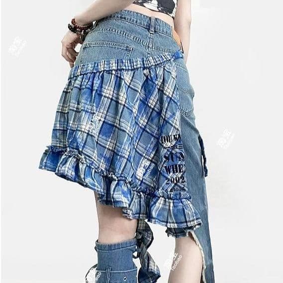 チェックスカート デニム切替チェック柄フリル ミニスカート