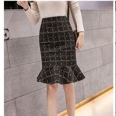 チェックスカート 裾フリル切替チェック柄ロングスカート