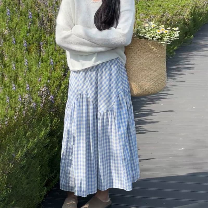チェックスカート ギンガムチェック柄ティアード ロングスカート