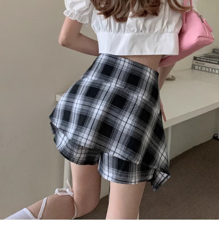 チェックスカート リボンベルト付き不規則裾チェック柄 ミニスカート