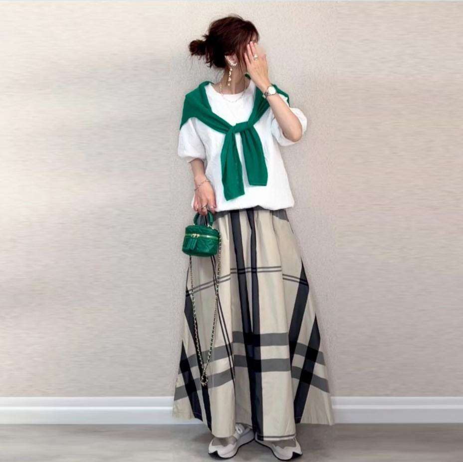 チェックスカート シンプル格子柄ロングスカート
