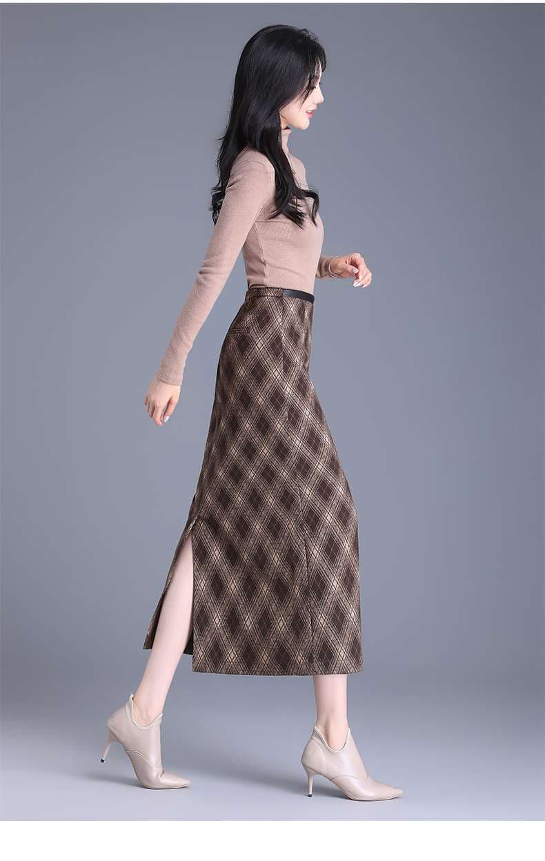 ダイヤ柄 チェックスカート ロング丈