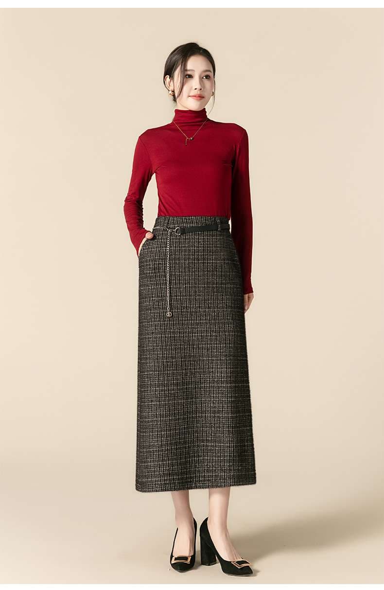 上品チェックスカートミモレ丈ロングスカート