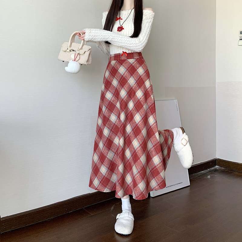 チェックスカート ふんわりチェック柄ロングスカート