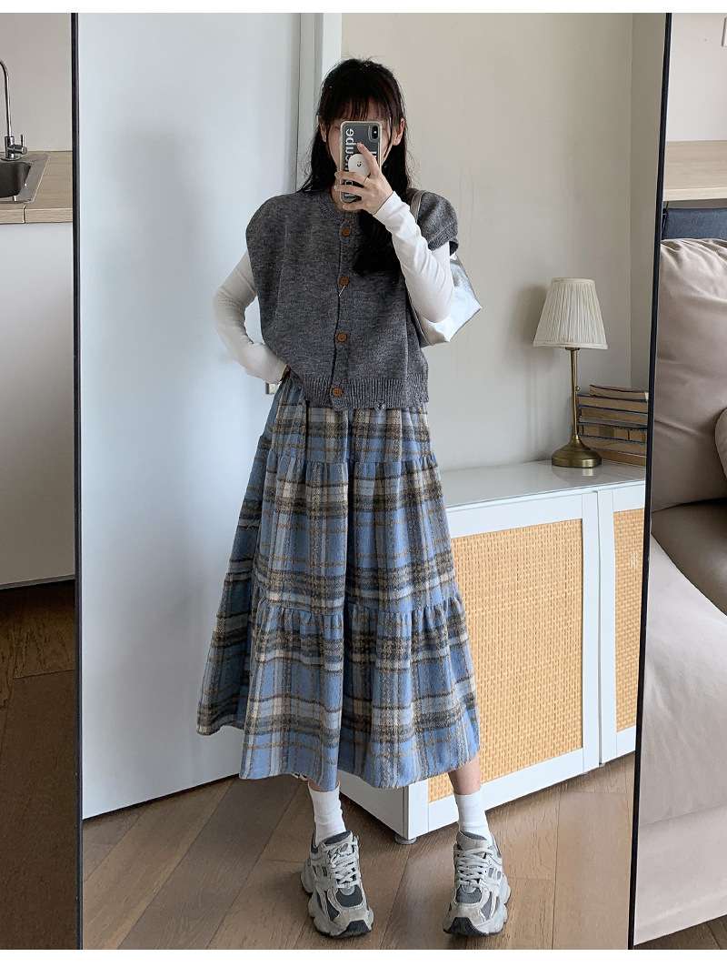 ウール素材 ティアードチェックスカート
