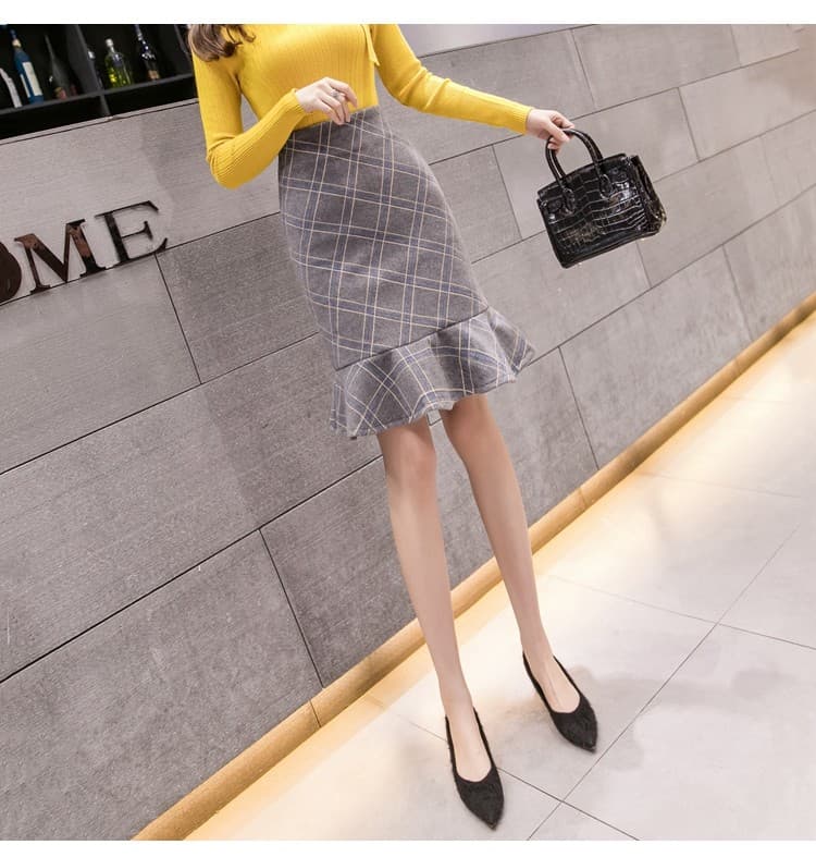 チェックスカート 裾フリル切替チェック柄ロングスカート