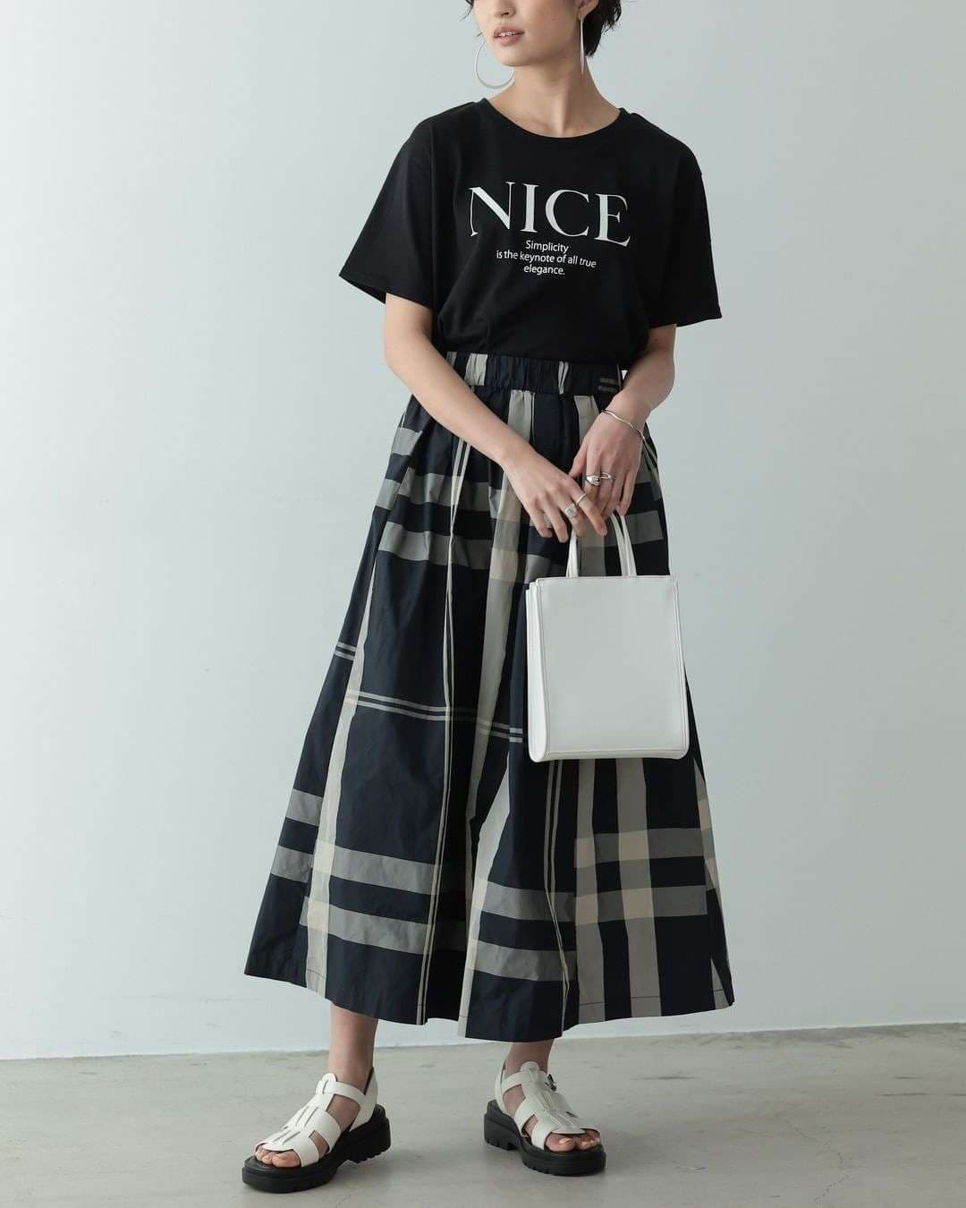 チェックスカート シンプル格子柄ロングスカート