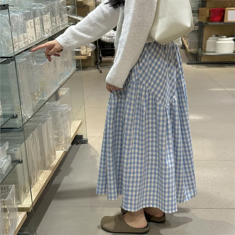 チェックスカート ギンガムチェック柄ティアード ロングスカート