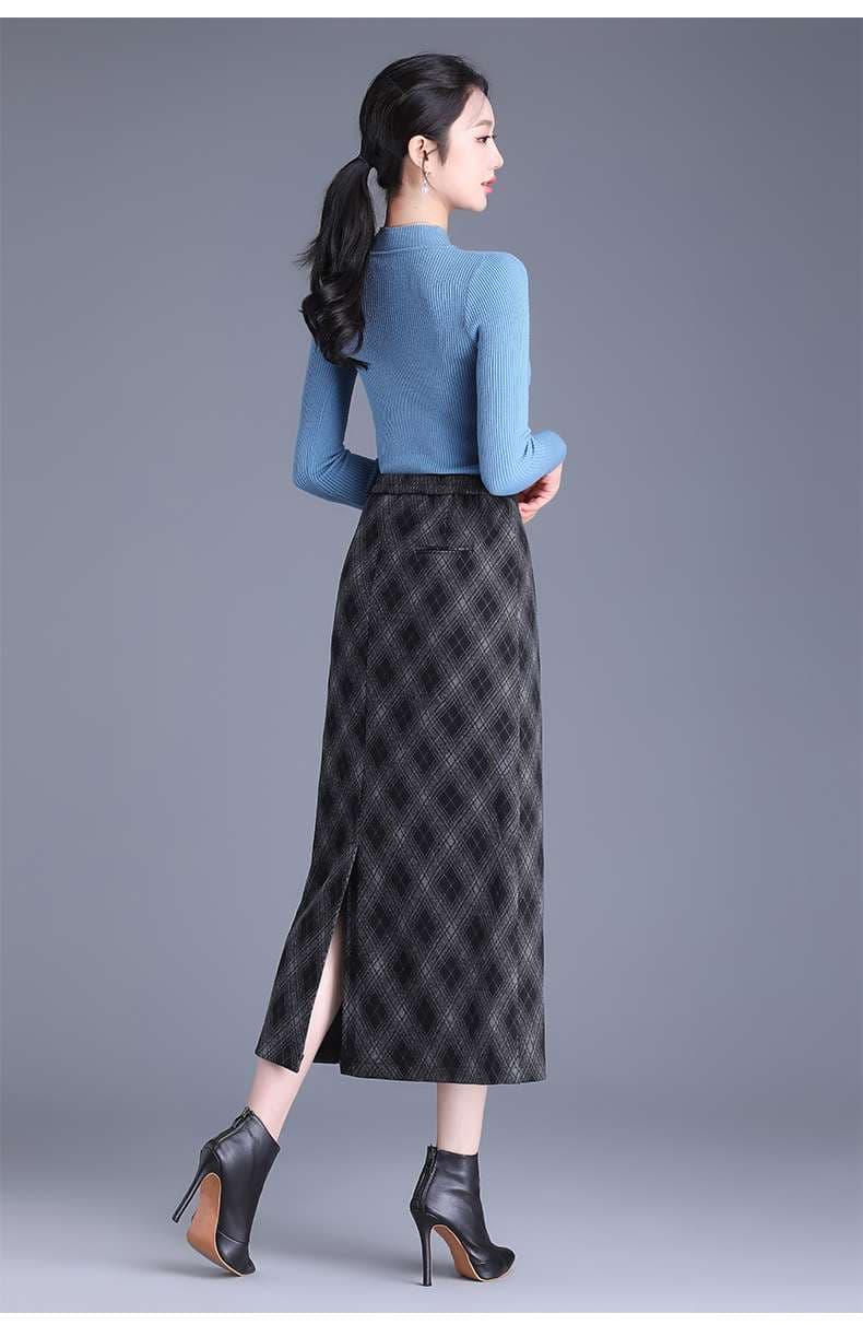 ダイヤ柄 チェックスカート ロング丈