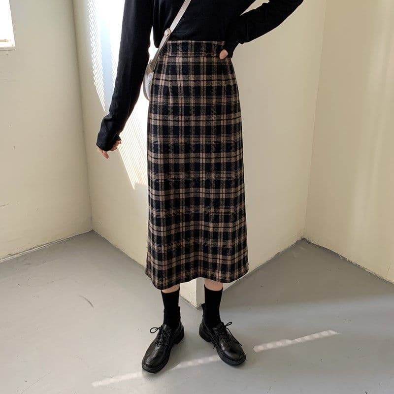 クラシック格子柄ハイウエストチェックスカートロング