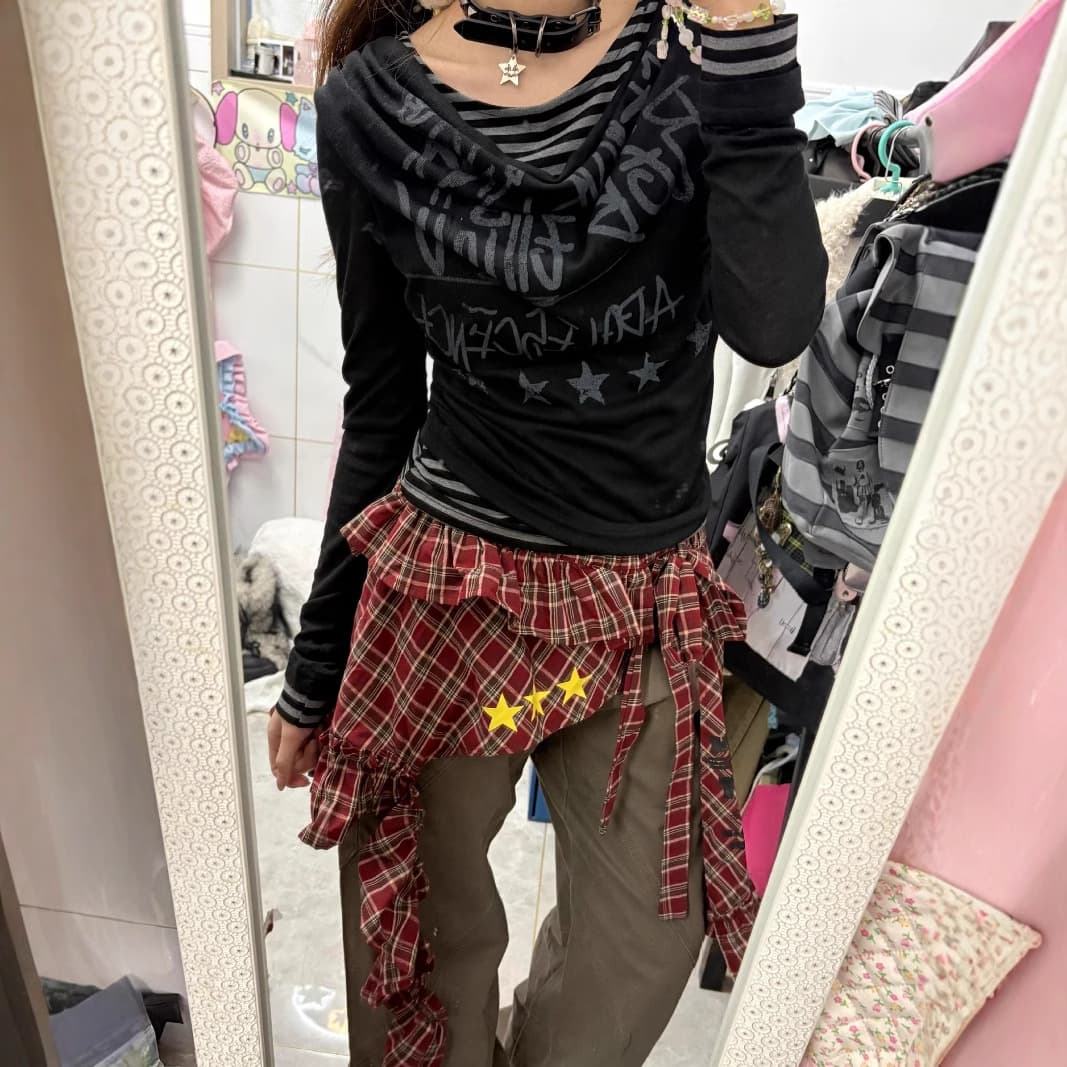 チェックスカート デニム切替チェック柄フリル ミニスカート