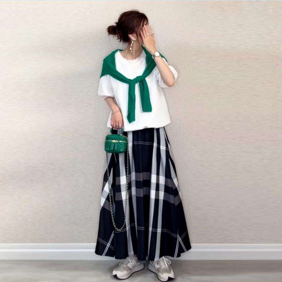 チェックスカート シンプル格子柄ロングスカート