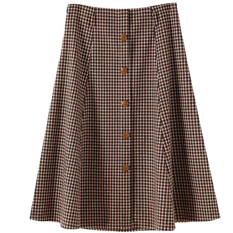 レトロなボタン付きミモレ丈チェックスカート